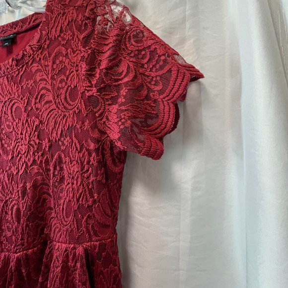 Torrid Mini Lace Ruffle Dress With Pockets color: Burgundy - Picture 3 of 8